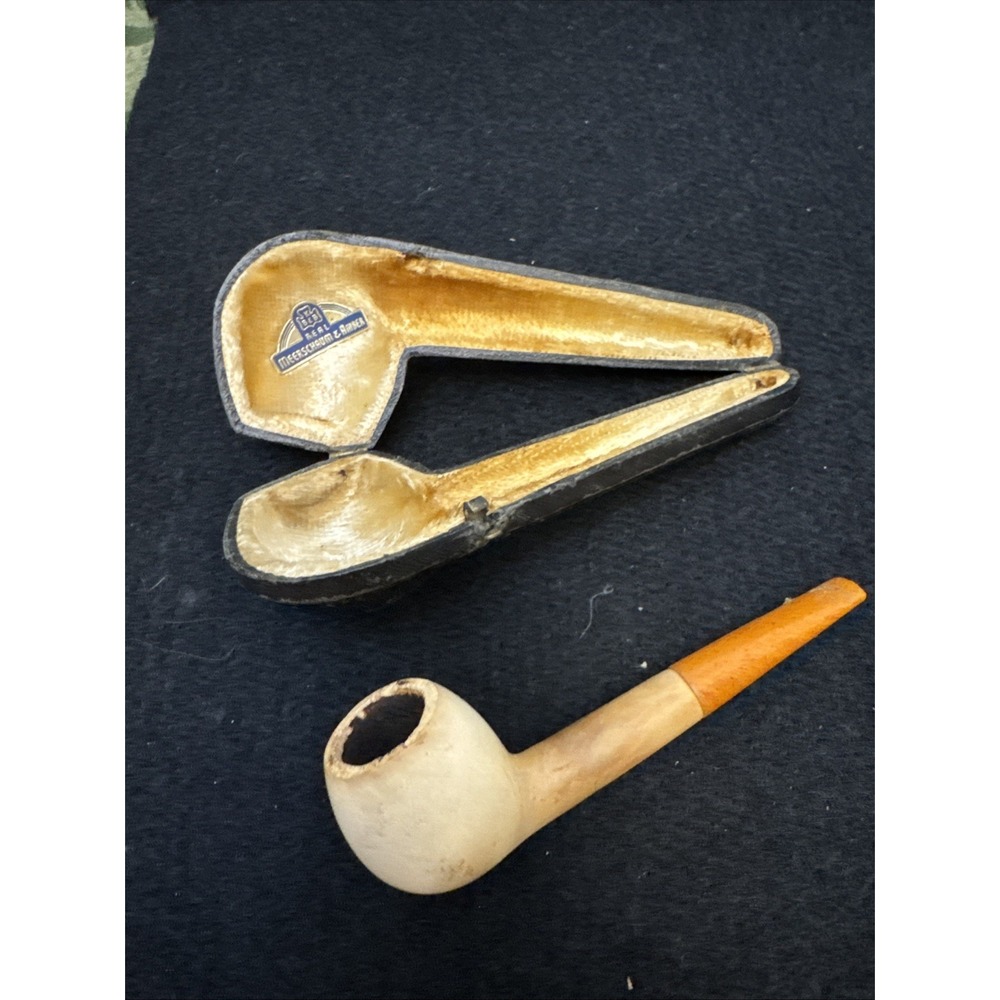 Vintage Block Meerschaum Pipe Amber Stem Hand Carved Estate Tobacco Pipe Case